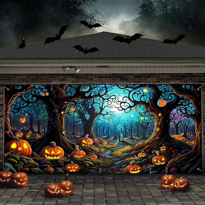 Halloween Tapestry Garage Door Cover Large Hanging Backdrop Pumpkin Cemetery Tree Dark Punk Gothic Style Party Outdoor Shooting Backgrounds Yard Haunted House Home Decor2