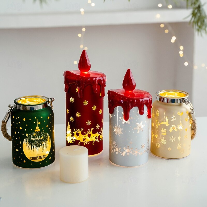 1 Pc Christmas Glass LED Light Handheld Light Electronic Candle Light Wind Light Desktop Ornament Light Atmosphere Light Warm Light AAA Battery Box4
