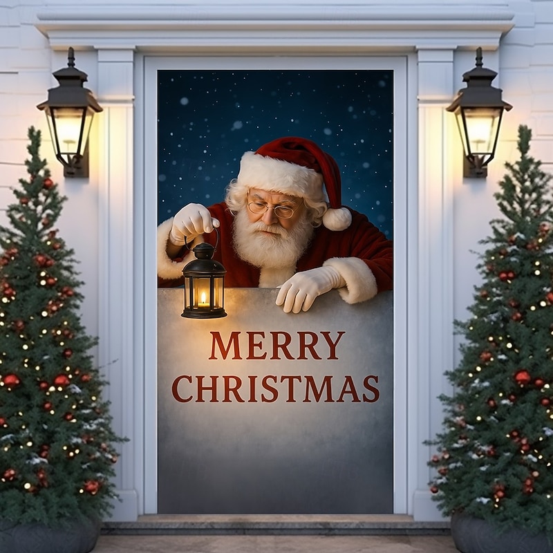 Christmas Door Cover, Santa Claus Merry Christmas Greeting Door Curtain Backdrop for 2025 Xmas Party Home and Outdoor Holiday Decorations