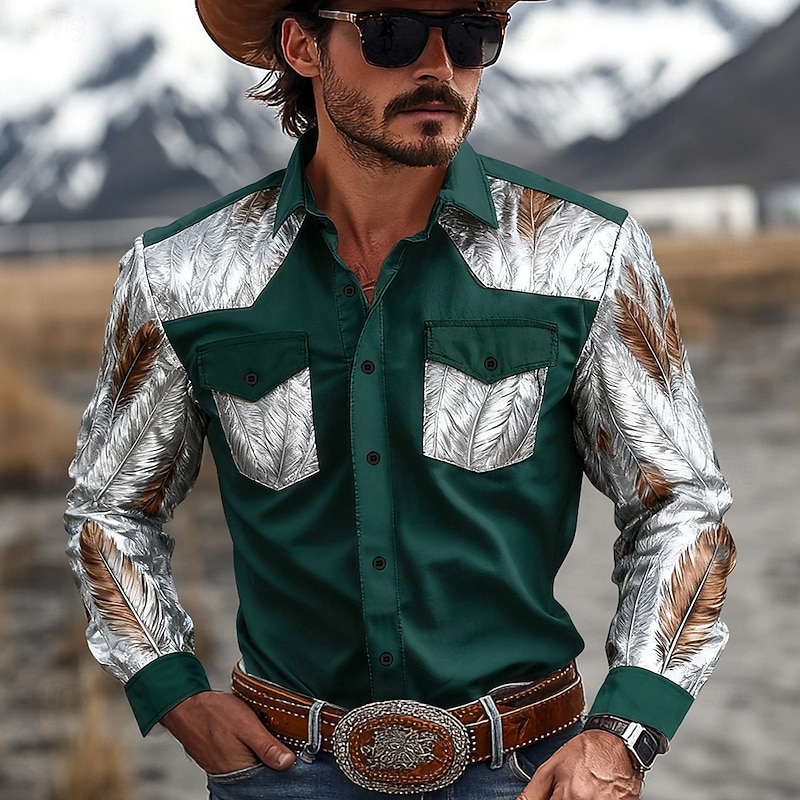 Men's Animal Fur Pattern Western Shirt Button Up Shirt Cowboy Shirt Long Sleeve Vintage Retro Outdoor Daily WorkWear Fall & Winter Turndown 3D Print Front Two Pockets Linen Like Shirt Black Brown2