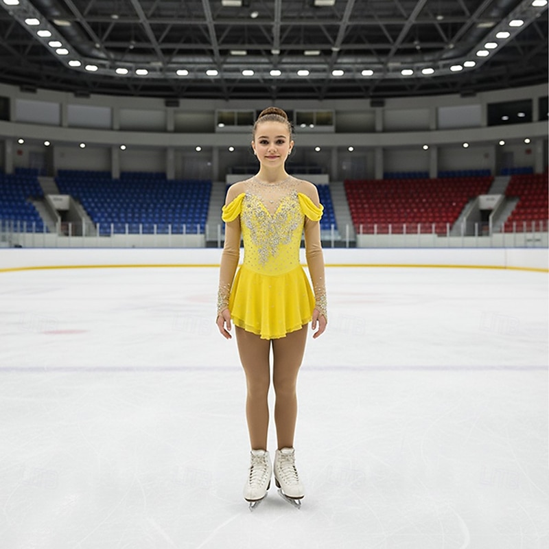 Figure Skating Dress Women's Girls' Ice Skating Dress Yellow Patchwork Thumbhole Mesh Spandex Stretchy Training Practice Professional Skating Wear Thermal Warm Crystal / Rhinestone Long Sleeve Ice