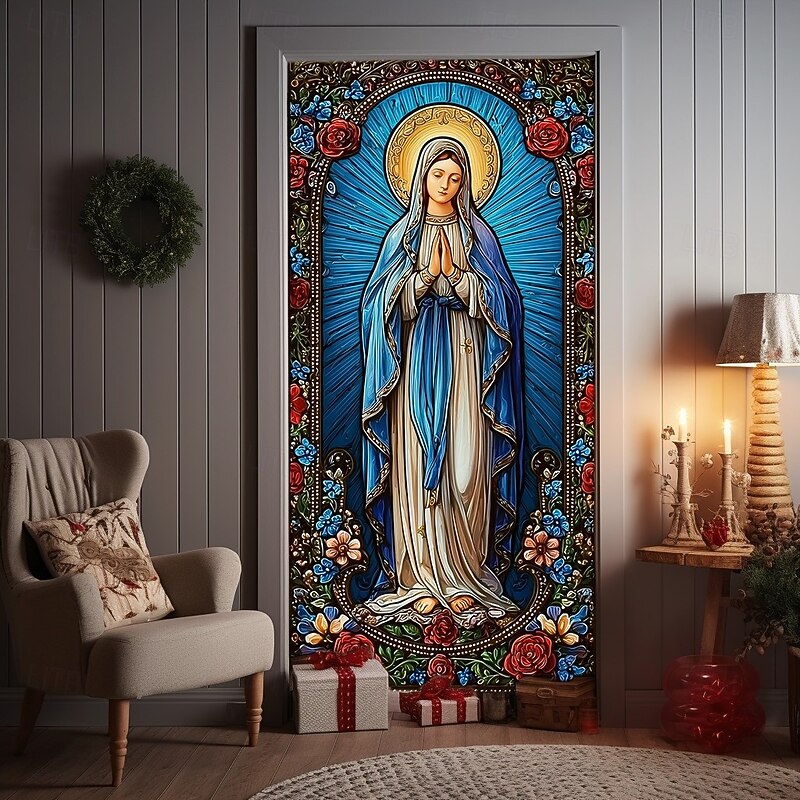 Christmas Door Cover, Virgin Mary Religious Holiday Door Curtain, Catholic 2025 Xmas Door Hanging for Porch Church Party Home Decoration