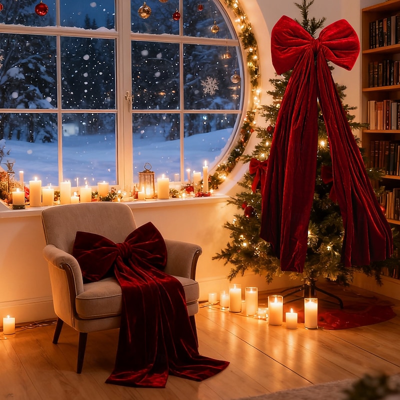 Christmas Extra Large Velvet Bows Christmas Tree Topper Burgundy Holiday Decoration Hanging Ornament for Xmas Tree, Festive Bow for Home Party Decor2