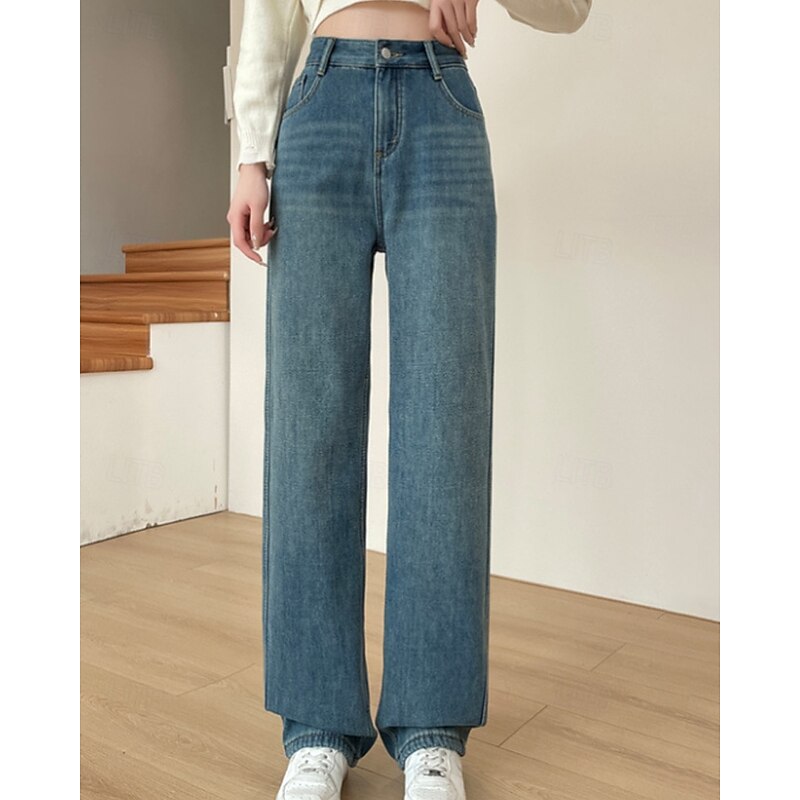 Women's Jeans Wide Leg Chinos Vacation Vintage Streetwear Full Length Medium Waist Plain Pocket Elastic Waist Warm Inelastic Micro-elastic Outdoor Vacation Street Deep Blue Light Blue Summer Spring3
