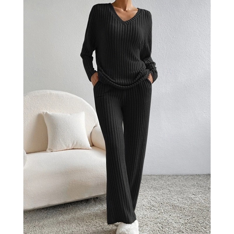 Women's Sweater Pullover Streetwear Casual Solid Color V Neck Pocket Knitted Long Sleeve Regular Tops Knit Outdoor Daily Going out Black Navy Blue Fall Winter