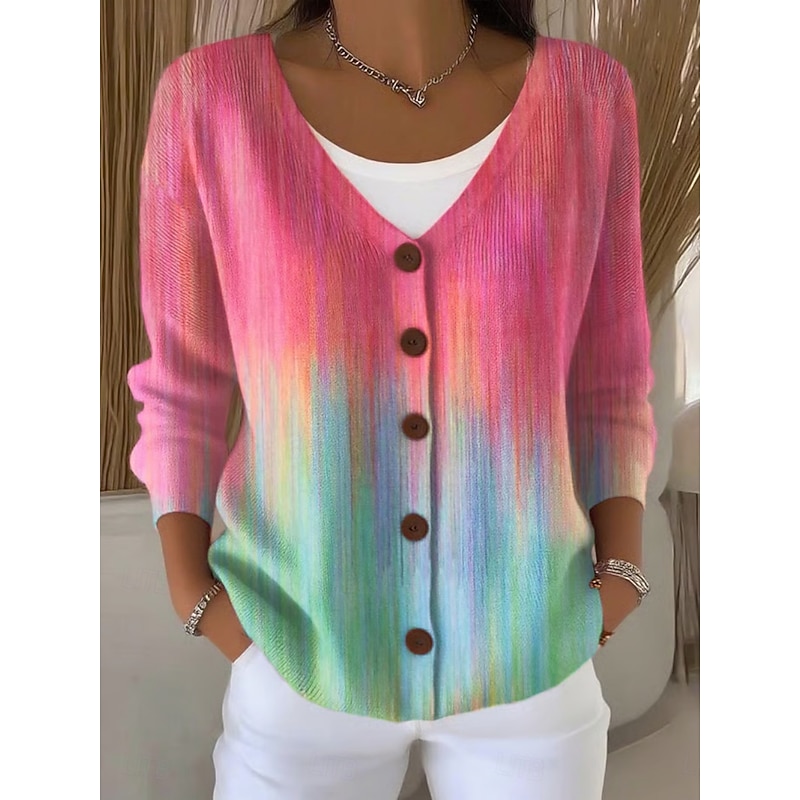 Women's Sweater Casual Soft Striped Color Gradient Ribbed V Neck Buttons Knitted Print Long Sleeve Regular Tops Knit Outdoor Daily Weekend Yellow Fuchsia Spring Fall4