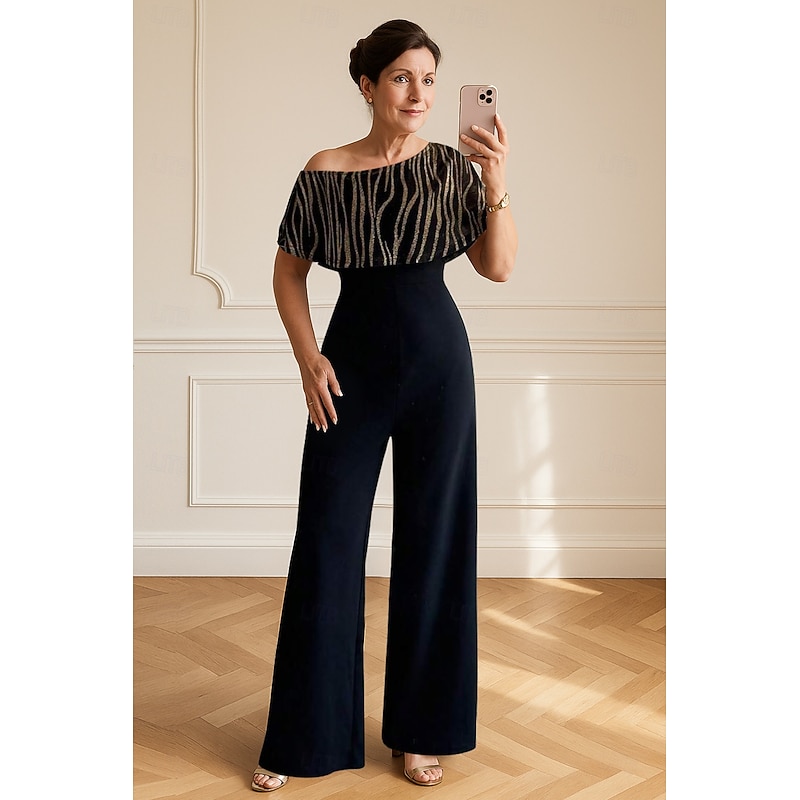 Jumpsuits Mother of the Bride Dress Formal Elegant Minimalist One Shoulder Floor Length Stretch Satin Short Sleeve with Color Block