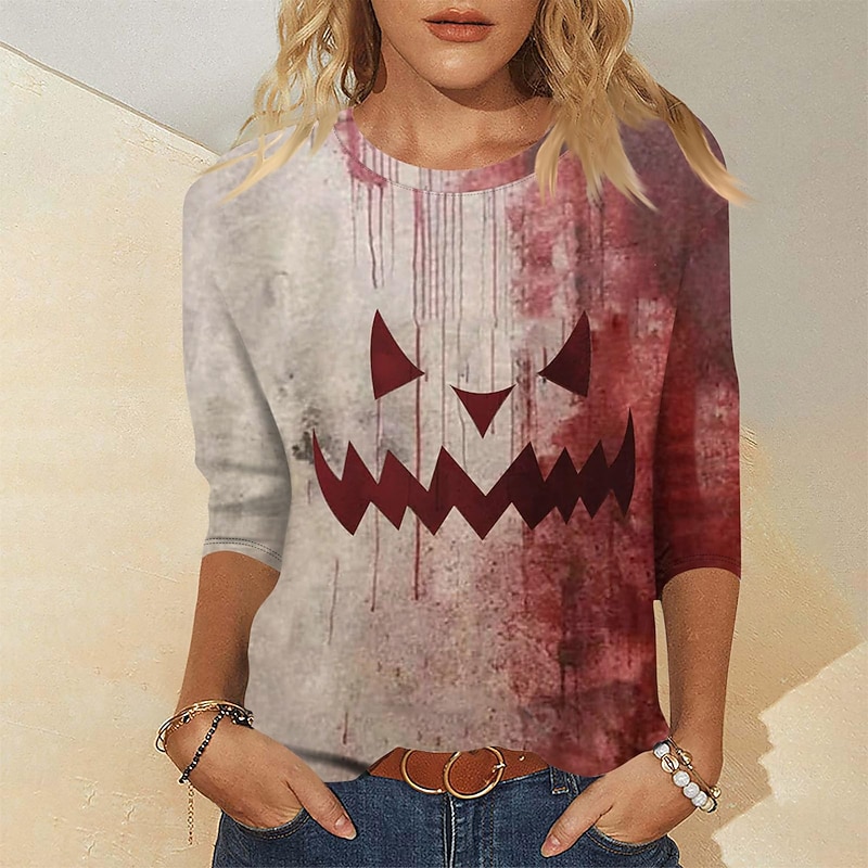 Halloween Women's T Shirt Graphic Pumpkin Vintage Fashion Stylish Long Sleeve Crew Neck Regular Tops Daily Weekend Print Red Beige Spring Fall Winter