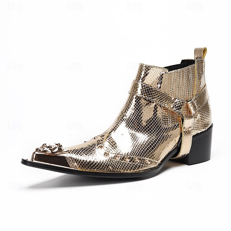 Men's Premium Cowhide Gold Croc Embossed Leather Chelsea Boots, Fashion Motorcycle Dress Boots for Biker Style, Concerts, Nightlife and Special Events3