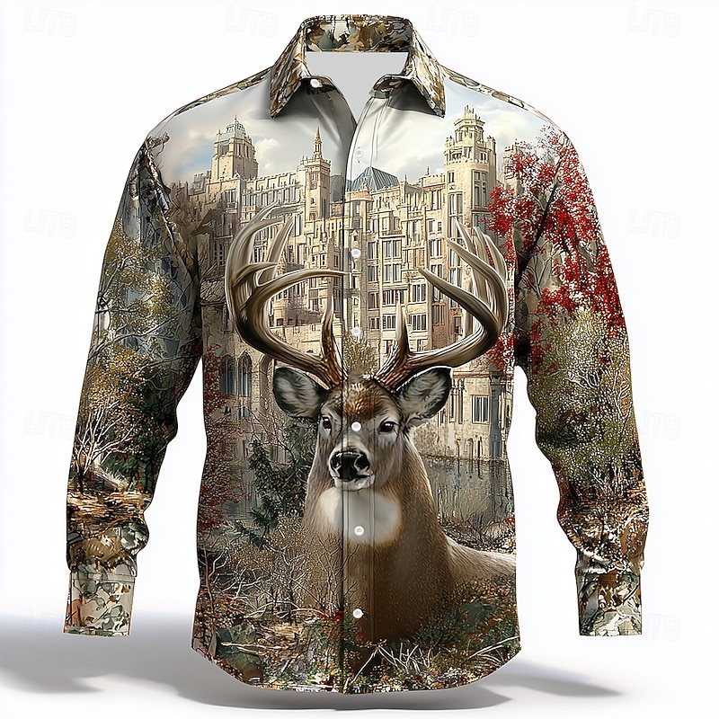 Men's Reindeer Camouflage Castle Shirt Button Up Shirt Long Sleeve Vintage Retro Outdoor Camping & Hiking Hunting Spring Fall Turndown 3D Print Linen Like Shirt Camouflage khaki Camouflage