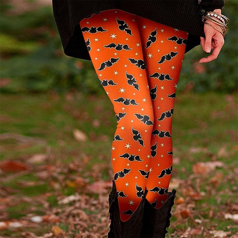 Women's Chinos Leggings Cozy Leggings Vacation Casual Full Length High WaistPantsHalloween Bat Printing Thermal Warm Comfortable Stretchy Vacation Casual Daily Orange Fall Winter Slim Fit