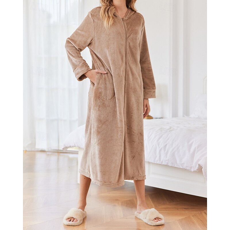 Women's Pajamas Robe Casual Pure Color Zipper Pocket Vacation Home Daily Long Sleeve Hoodie Black Navy Blue Camel Fall Winter Loose Fit3