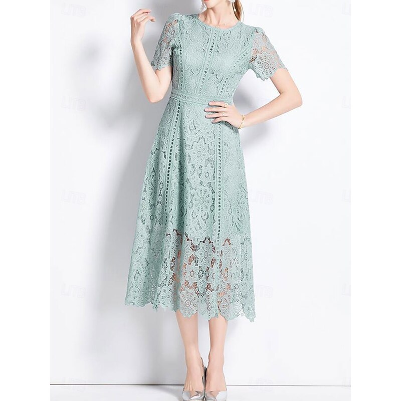 Dress Mother of the Bride Dress Elegant Crew Neck Tea Length Lace Short Sleeve with Lace4
