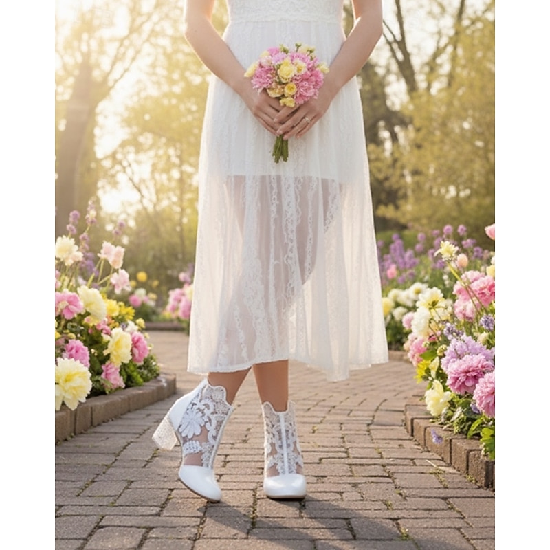 Women's Pink Lace Ankle Boots with Rhinestones Cute Floral Design Comfortable Dressy Shoes 6