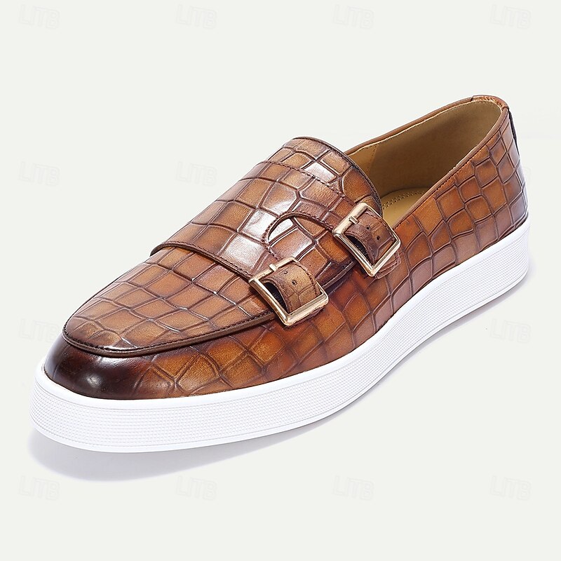 Men's Genuine Leather Crocodile Pattern Loafers with Double Buckle – Luxury Slip-On Dress Shoes for Business, Weddings and Formal Occasions2