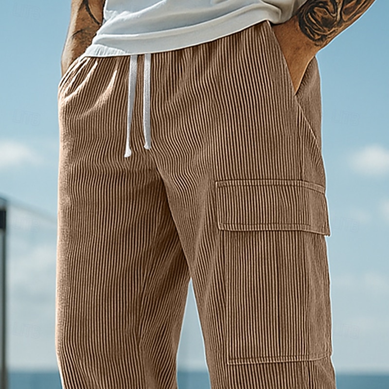 Men's Cargo Pants Cargo Sweatpants Sweatpants Corduroy Pants Trousers Drawstring Pocket Elastic Waist Plain Comfort Full Length Sports Outdoor Daily Vacation Fashion Black Camel Inelastic3