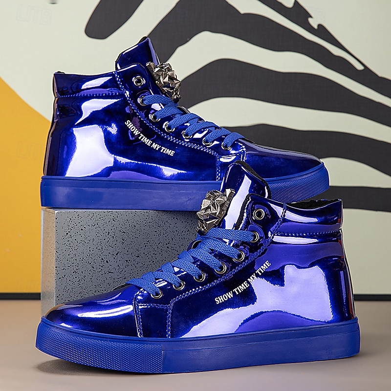 Men's Blue Metallic High Top Sneakers – Stylish Lace-Up Fashion Shoes with Glossy Finish for Street Dance, Nightlife and Parties3