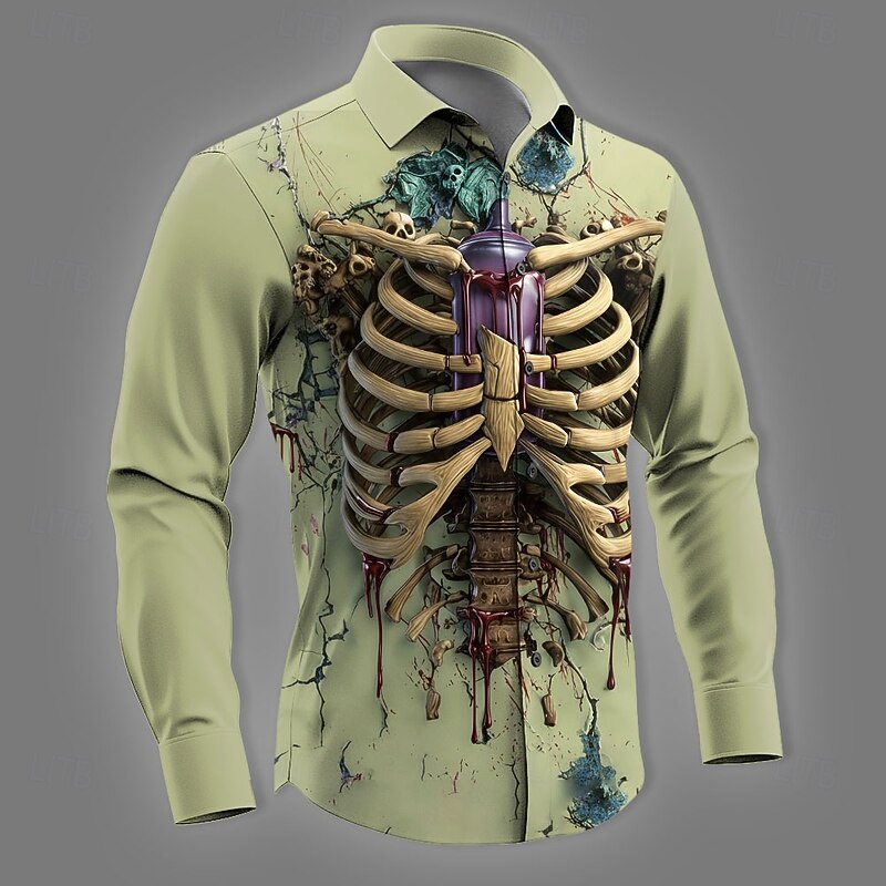Halloween Men's Skull Skeleton Horror Shirt Button Up Shirt Long Sleeve Dark Gothic Style Holiday Streetwear Spring Fall Turndown 3D Print Collared Shirts Blue Purple Green Khaki