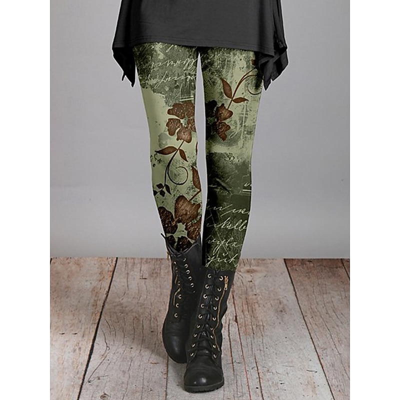 Women's Leggings Vacation Vintage Fashion Ankle-Length High Waist Floral Graphic Leaf Printing Thermal Warm Soft Breathable Stretchy Vacation Street Black Red Navy Blue Blue Spring Fall Winter Slim3