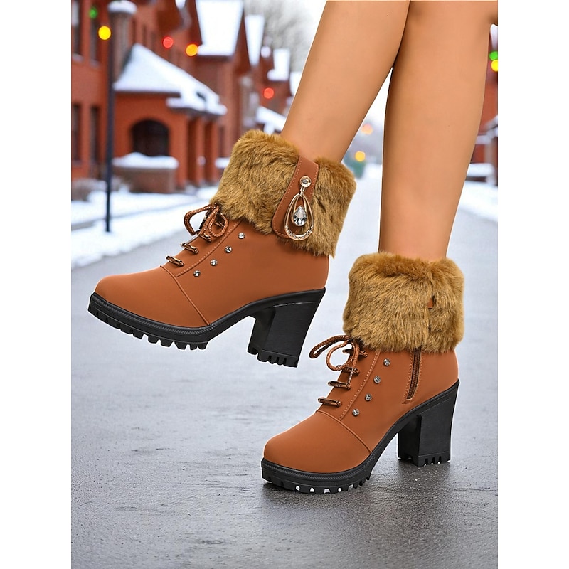 Women's Brown Faux Leather Ankle Boots with Fur Cuff and Chunky Block Heel – Warm Winter Lace-Up Booties with Rhinestone Detail for Ladies, Perfect for Outdoor, Casual & Holiday Wear3