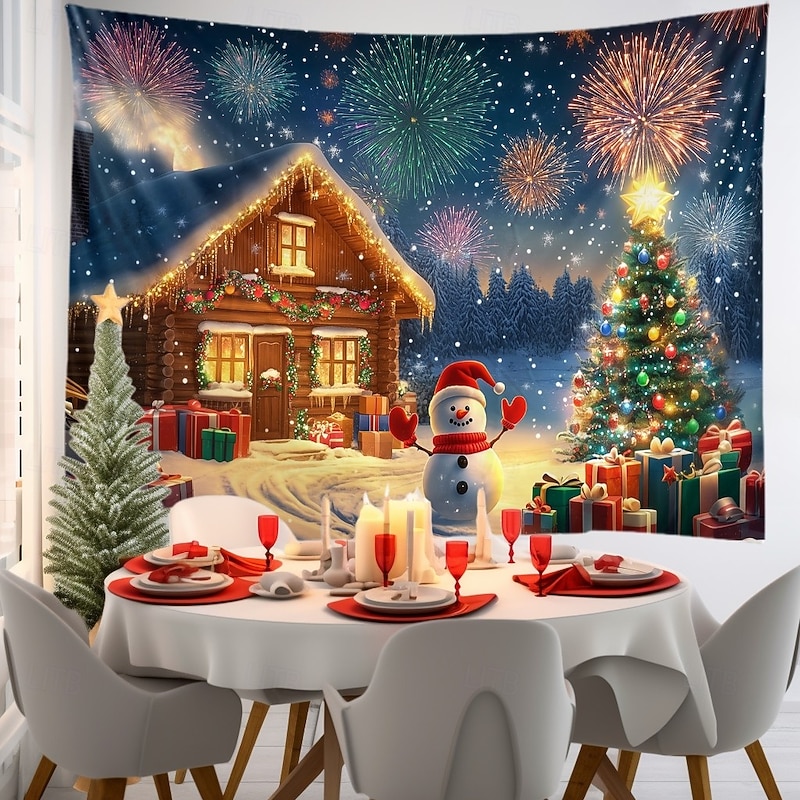 Chrismas Hanging Tapestry Gingerbread House Snowy Scene Christmas Tree Snowman Large Wall Art Mural Decor Blanket Curtain Holiday Home Bedroom Living Room Festive Party Decoration3