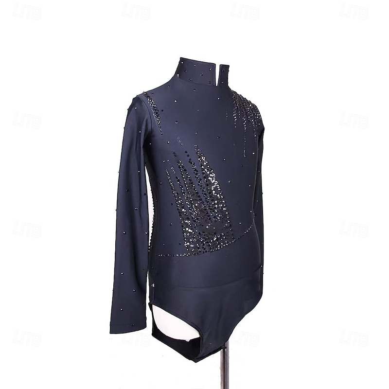 Figure Skating Top Men's Boys' Ice Skating Tops Black Patchwork Spandex High Elasticity Training Professional Competition Skating Wear Classic Crystal / Rhinestone Long Sleeve Ice Skating Figure2