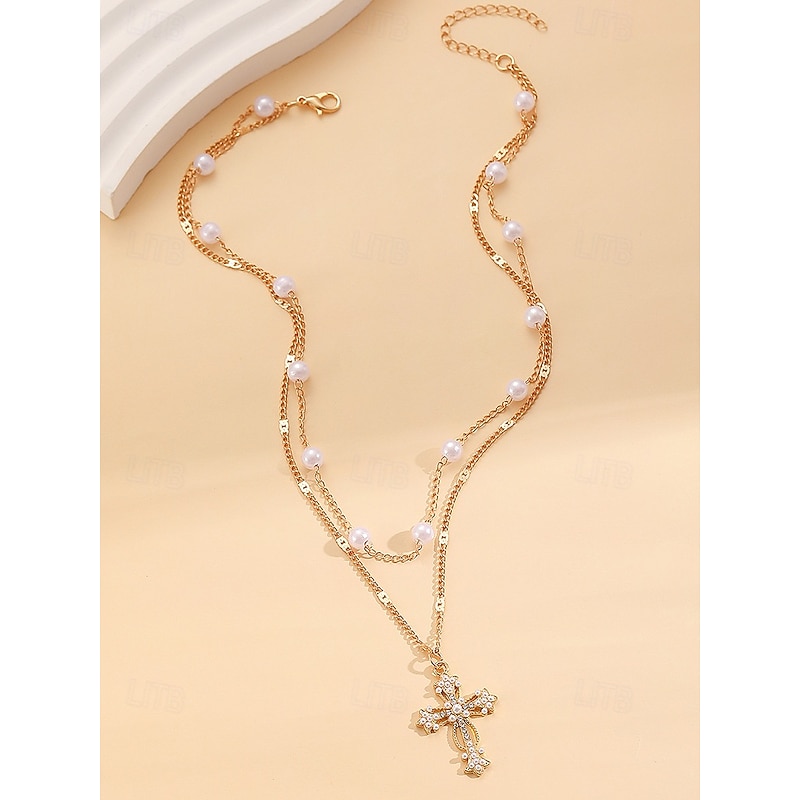 Women's Christmas Cross Necklace, Layered Gold Chain with Pearl and Rhinestone Pendant, Elegant Holiday Jewelry for Party, Wedding and Gift Giving4