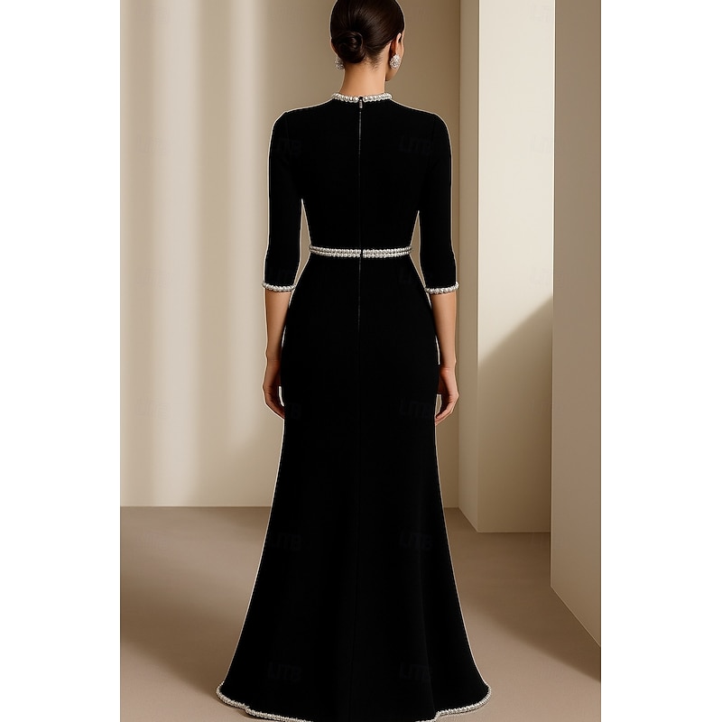 Black Tie Sheath / Column Evening Gown Elegant Formal Dress Formal Wedding Floor Length 3/4 Length Sleeve Crew Neck Stretch Crepe with Pearls 20252