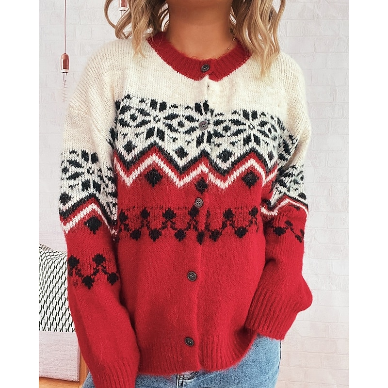 Women's Sweater Cardigan Streetwear Casual Floral Ribbed Crew Neck Buttons Knitted Print Long Sleeve Regular Tops Knit Christmas Outdoor Holiday Red Blue Fall Winter