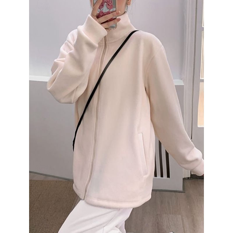 Women's Sherpa Jacket Casual Jacket Comfortable Breathable Zipper Casual Plain Vacation Street Casual Daily Wear Zipper Regular Stand Collar Regular Fit Long Sleeve Outerwear Navy Apricot Spring Fall