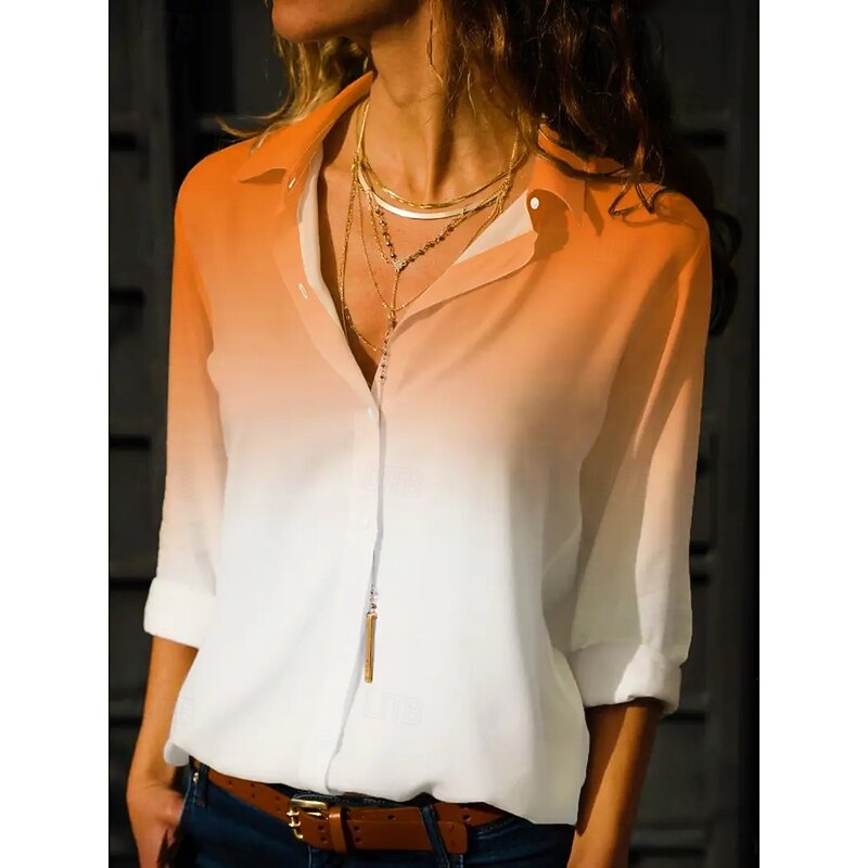 Women's Shirt Floral Color Gradient Casual Long Sleeve Shirt Collar Regular Tops Work Daily Buttons Print Yellow Spring Fall Winter Spring, Fall, Winter