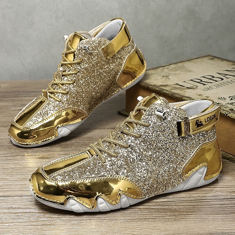 Men's Gold and White High-Top Sneakers with Shiny Detailing – Stylish and Bold, Perfect for Parties, Fashionable Nights, and Trendy Outfits3