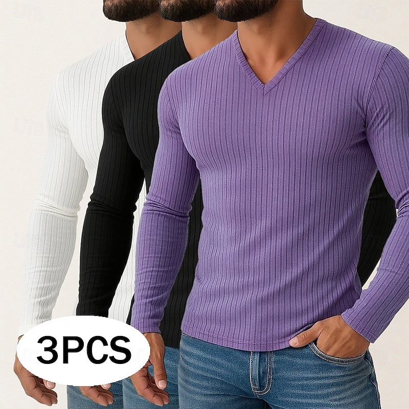 3Pcs Men's T Shirt Ribbed Knit tee Tee Top Long Sleeve Shirt Long Sleeve V Neck Spring Fall Winter Plain Pit Strip Fashion Designer Basic 3-Piece Knitting Vacation Street Tee