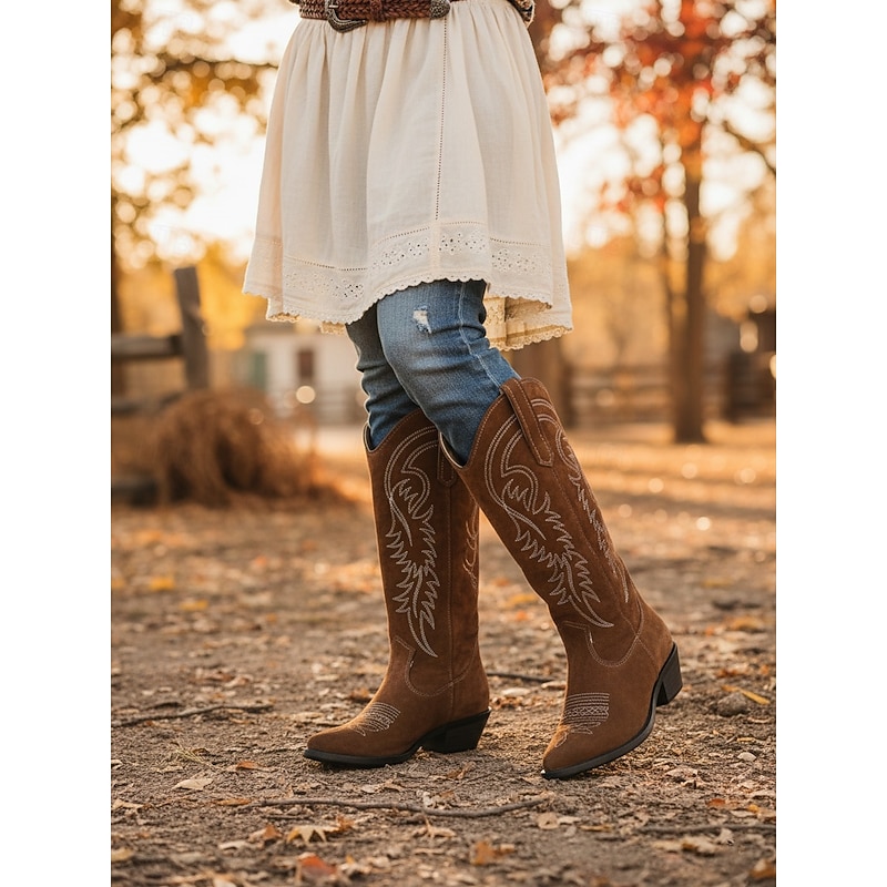 Women's Brown Cowboy Boots with Embroidered Western Stitching, Pointed Toe and Low Block Heel - Stylish Urban Casual Footwear for Women's Streetwear and Everyday Outfits