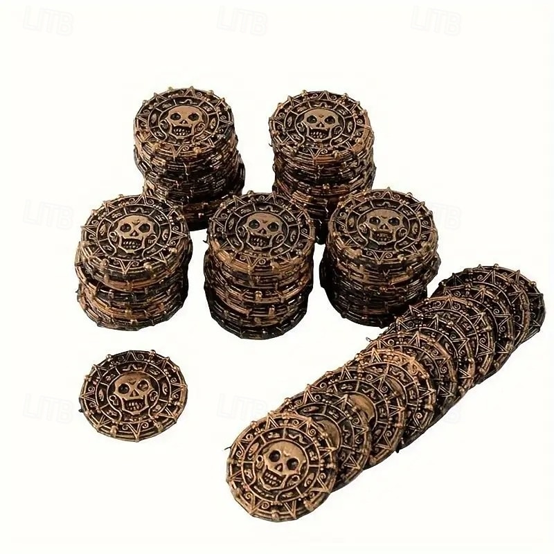 100pcs Golden Pirate Coins Set Plastic Treasure Chest Decor No Electricity Needed Ideal for Halloween Birthday Pirate Themed Parties