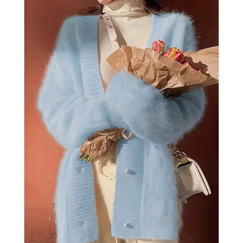 Women's Sweater Cardigan Elegant Fashion Streetwear Pure Color V Neck Pocket Knitted Long Sleeve Regular Tops Knit Outdoor Daily Weekend Light Blue Fall Winter