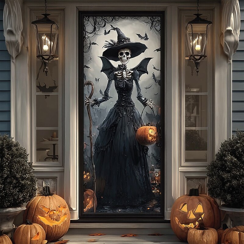 Halloween Door Cover Outdoor Banners Pumpkin Witch 3D Psychedelic Dark Punk Gothic Style Party Outdoor Shooting Backgrounds Front Door Wall Porch Home Decor