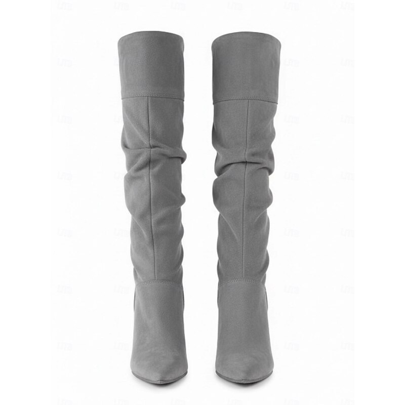 Women's Gray Suede Slouchy Knee-High Boots with Pointed Toe and Block Heels - Elegant Fall and Winter Footwear for Casual and Dressy Occasions3