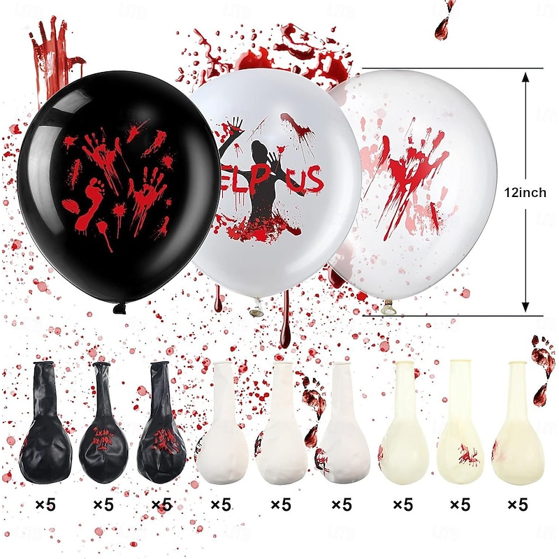 18pcs Scary Halloween Balloons 12 Inch - Blood Splatter & Horror Phrases Latex Balloons with Eye Design Zombie Handprints Black & White Decor for Vampire Birthday Party Supplies Spooky Balloon Des4