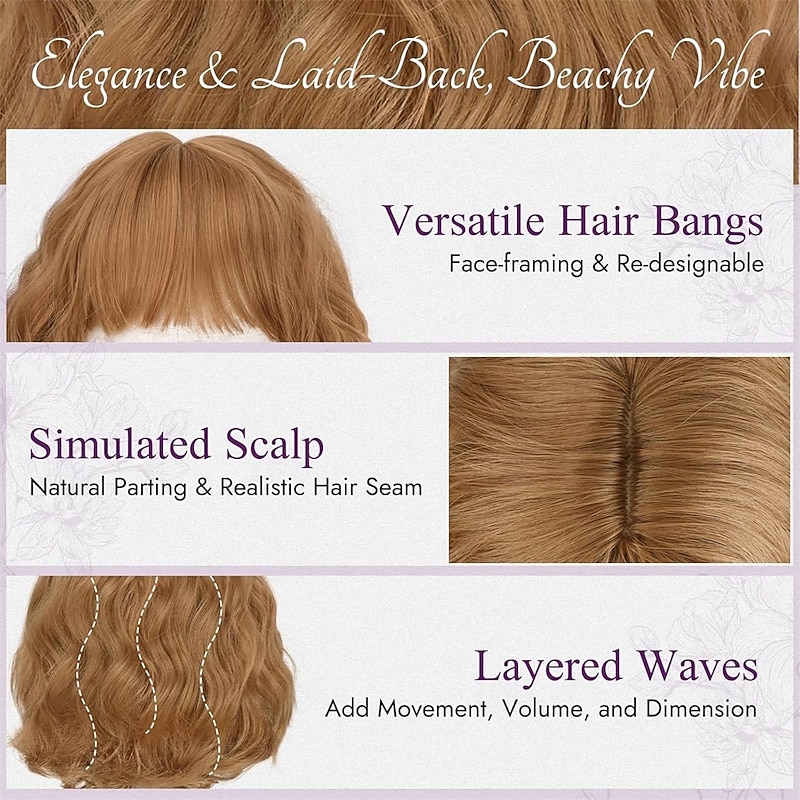 Short Wavy Golden Ginger Wig with Bangs - Short Golden Ginger Bob Wigs for Women - Curly Wavy Textured French Bob Wig with Bangs Soft Synthetic Natural Looking Face-Framing Daily3