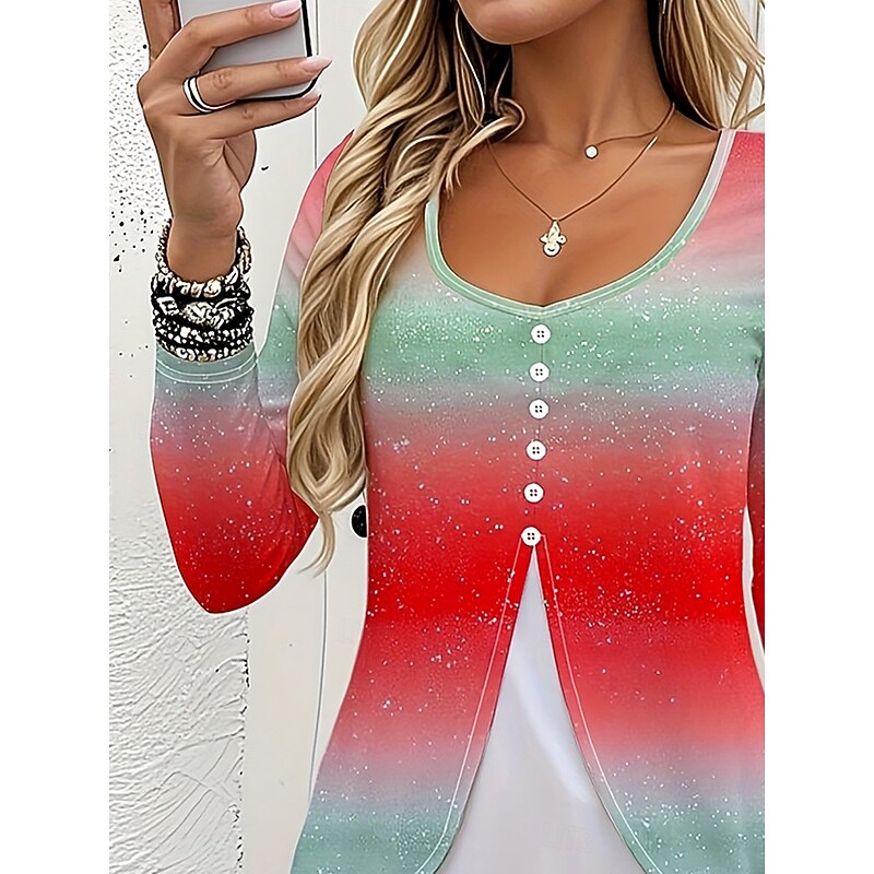 Women's T Shirt Graphic Gradient Striped Vintage Stylish Modern Long Sleeve Crew Neck Regular Tops Daily Print Red Spring Fall Winter3