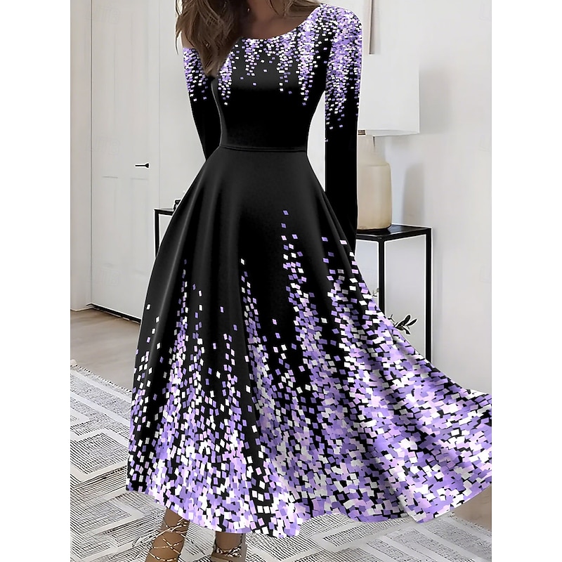 Women's Midi Dress A Line Dress Fit And Flare Dress Vacation Casual Boho Party Daily Going out Regular Fit Ombre Graphic Long Sleeve Crew Neck Pink Blue Purple Green Summer Spring Fall Winter3