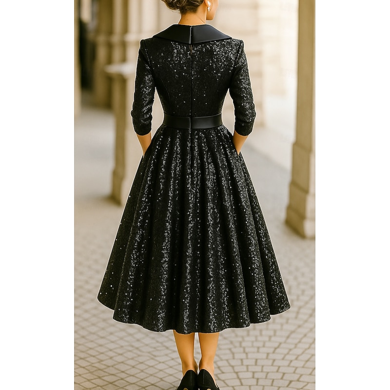 Black Sequin Tuxedo Dress A-Line High-low Dress Formal Satin Sequin Elegant Long Sleeve Tea Length Midi Length Shawl Lapel Zipper2