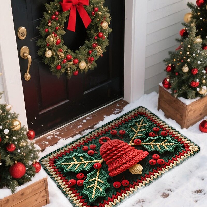 Christmas Doormat Santa Claus Knitted Rug For Entryway Floor Stain Resistant Dustproof Non Slip Durable Easy Care Indoor Welcome Carpet Holiday Decorative Home Accent Rug