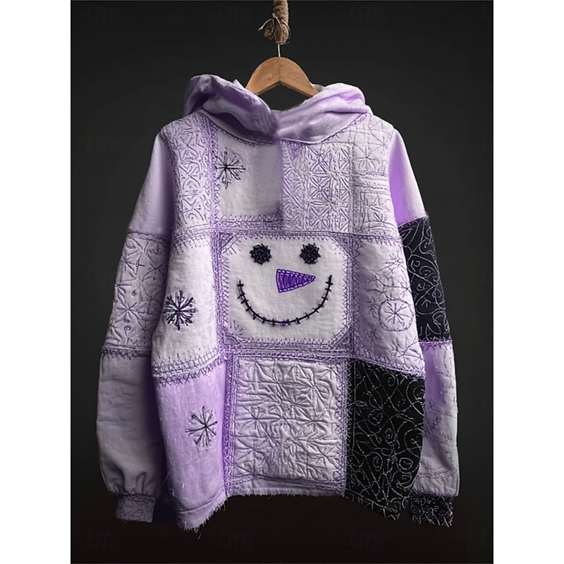 Women's Pullover Hoodie Sweatshirt Graphic Snowman Christmas Casual Long Sleeve Hooded Regular Tops Party Evening Wear Street Dailywear Patchwork Blue Purple Green Beige Spring Fall Winter4