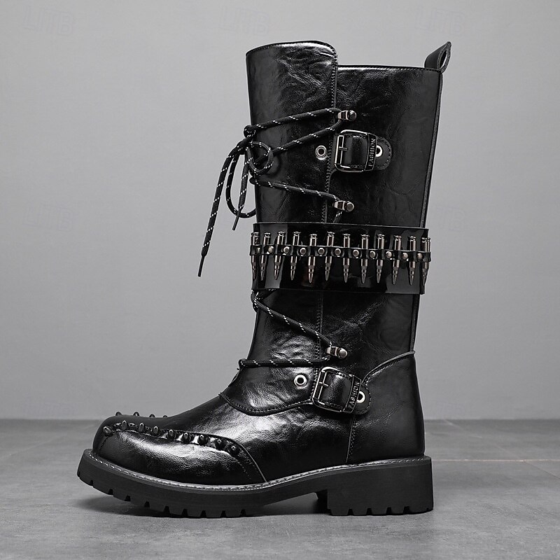 Men's Punk Gothic Combat Boots – Black Lace-Up Mid-Calf Boots with Buckle Straps, Spiked Studs, and Heavy Duty Sole for Halloween, Cosplay and Nightlife Parties3