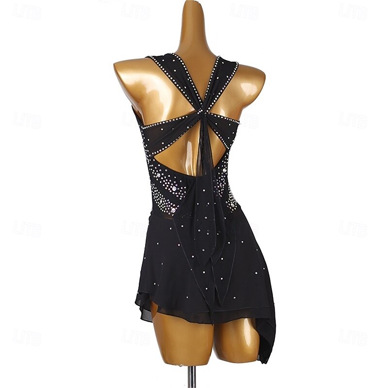 Figure Skating Dress Women's Girls' Ice Skating Dress Black Patchwork Open Back Mesh Spandex High Elasticity Training Competition Skating Wear Classic Crystal / Rhinestone Sleeveless Ice Skating3