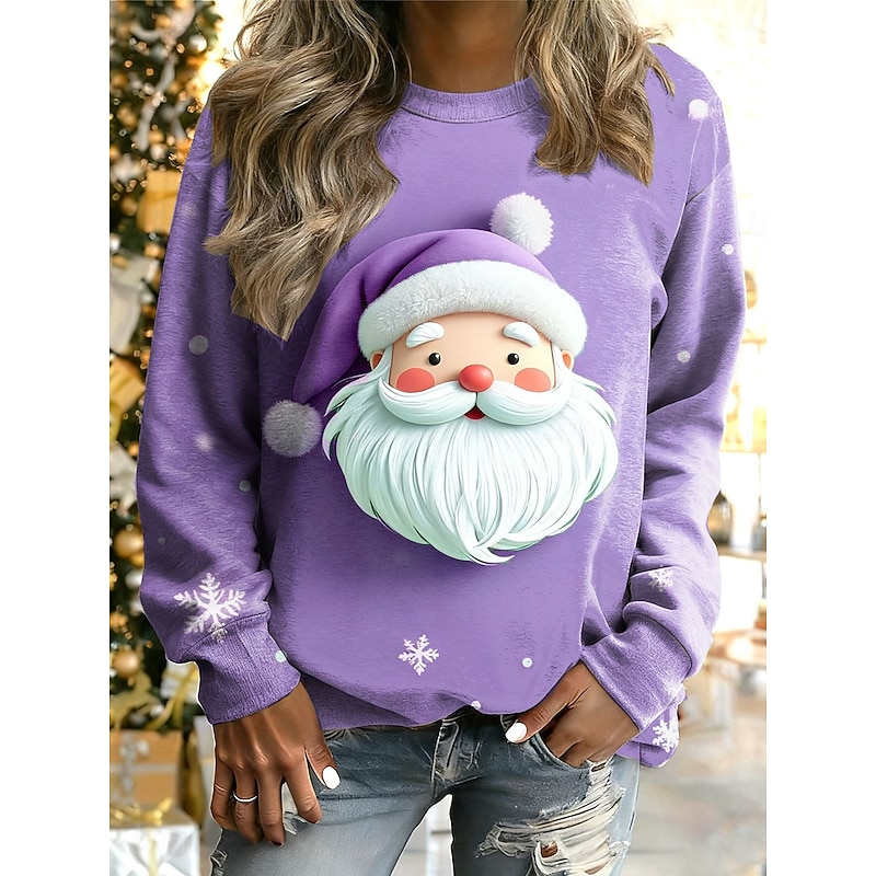 Women's Pullover Graphic Santa Claus Warm Classic Casual Long Sleeve Crew Neck Regular Tops Home Street Dailywear Print Pink Blue Purple Green Fall Winter4