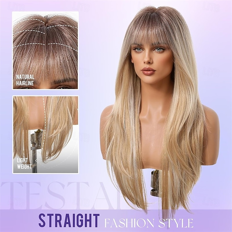 Long Blonde Straight Wigs With Bangs Long Ombre Blonde Synthetic Layered Wigs for Women Daily Use 26IN3