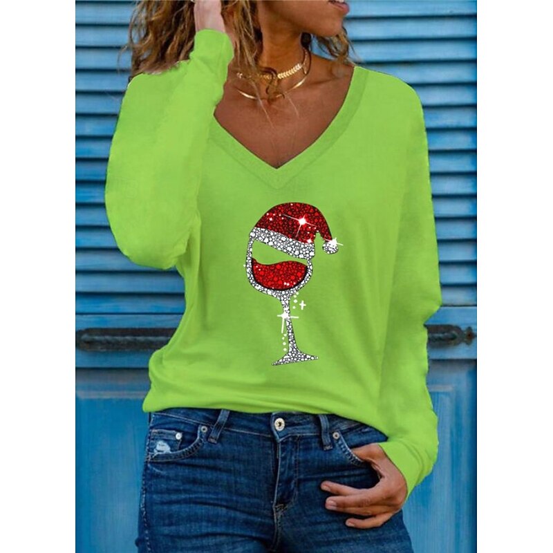 Christmas Women's T Shirt Graphic Wine Glass Vintage Stylish Classic Long Sleeve V Neck Regular Tops Daily Print White Light Green Red Spring Fall Winter2